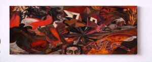Dagon fell before the Ark of God, acrylic and oil on canvas, 260cm x 94cm, by Samson Bakare